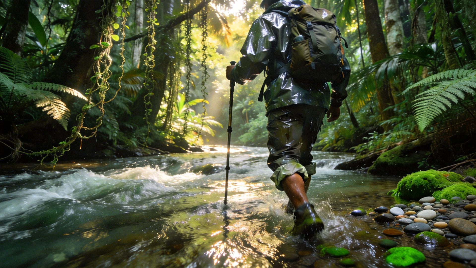 探险者在茂密的原始丛林中徒步穿越河流
